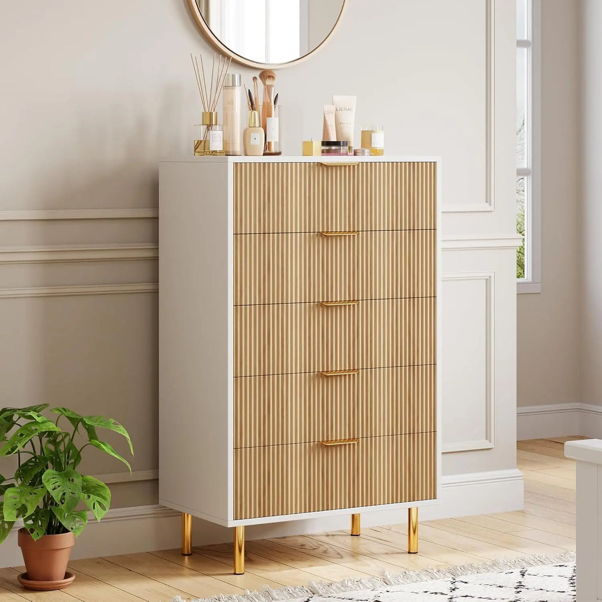 Fluted 5 Drawer Bedroom Dresser 48 Inch Metal Leg Wooden Cabinet | Groove Facade Anti Topple Safe Storage Smooth Drawer Slide Polished Hardware Elevated Base Household Dresser