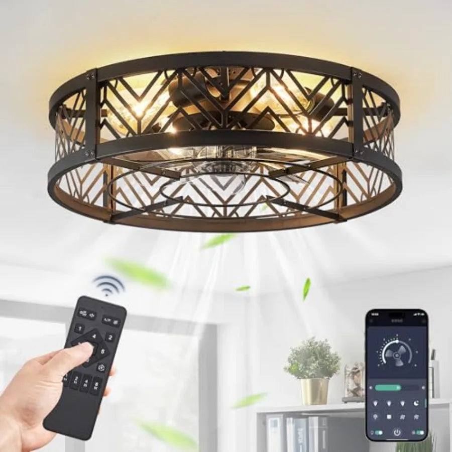 Caged Ceilg Fan with Light, Small Flush Mount Ceilg Fan with AppandRemote, Low Profile Bladeless Ceilg Fan for Bedroom, Kitchen
