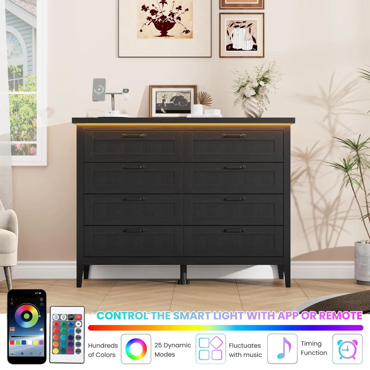Farmhouse Wooden Dresser With Charging Station And LED Lights