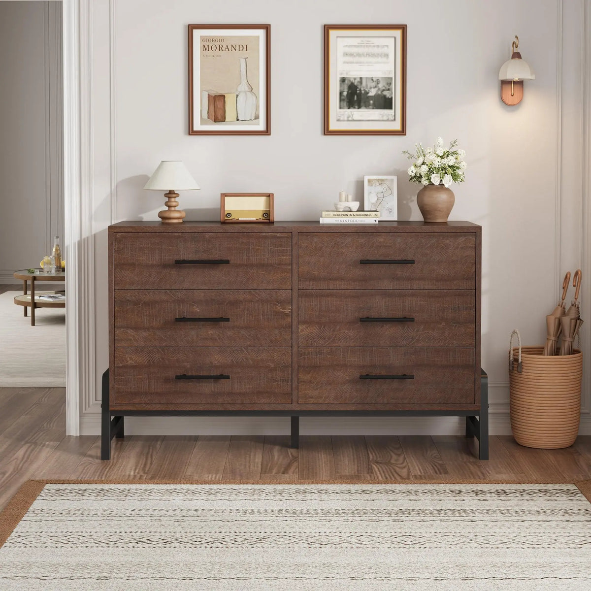Six Drawer Wooden Dresser With Metal Feet For Bedroom Storage