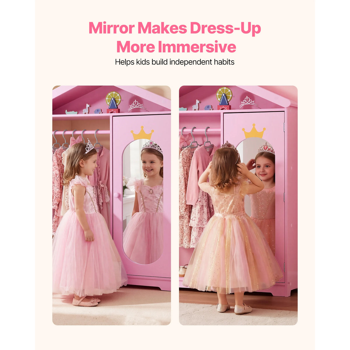 SucceBuy Kids Dress Up Storage with Mirror & Dress Up Closet Kids Armoire Wardrobe Costume Organizer for Girls Toddler Bedroom