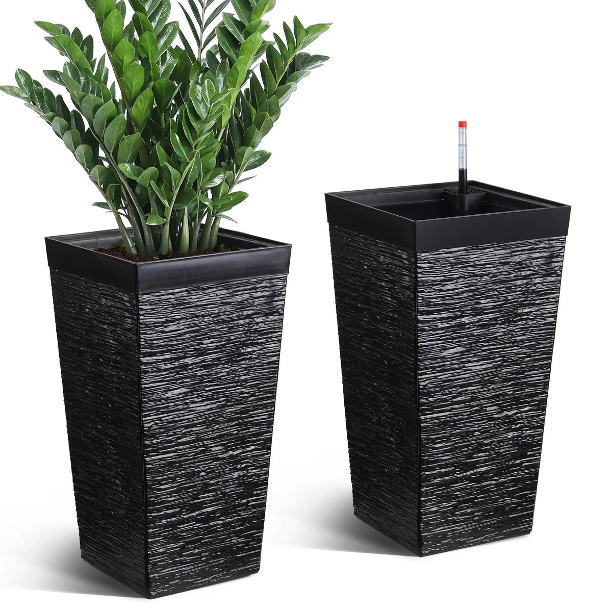 22.5'' Tall Planters Set Of 2, Self Watering Outdoor Indoor Front Porch Planter Pots With Drainage Holes & Water Monitor System