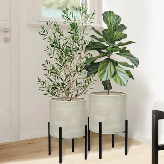 Modern Plant Pots, Set of 2 Large Metal Planters with Stand for Living Room, Office, Garden or Balcony, 8.25 10.5 Inch, Black,