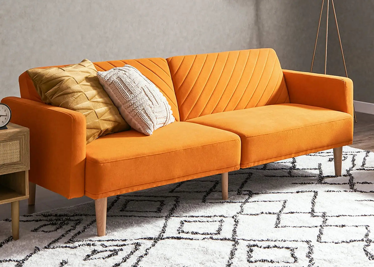 mopio 76.4" Mid Century Futon Sofa Bed PU Leather Loveseat Living Room Pecan Brown