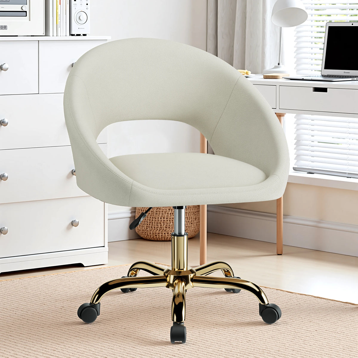 KERDOM Vanity Chair with Adjustable Swivel Wheels, Velvet Home Office Desk Chair with Hollow Back, Accent Armchair with Gold Base, Criss Cross Chair with Upholstered Back for Home Office, Living Room, Bedroom and Study, Beige