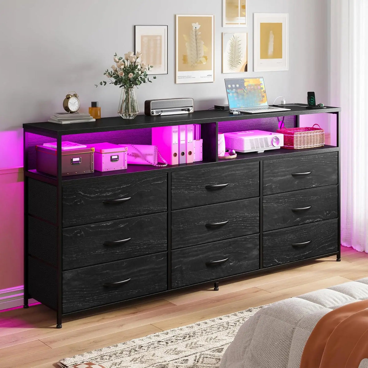 TV Stand Dresser With Charging Station And LED Nine Drawers