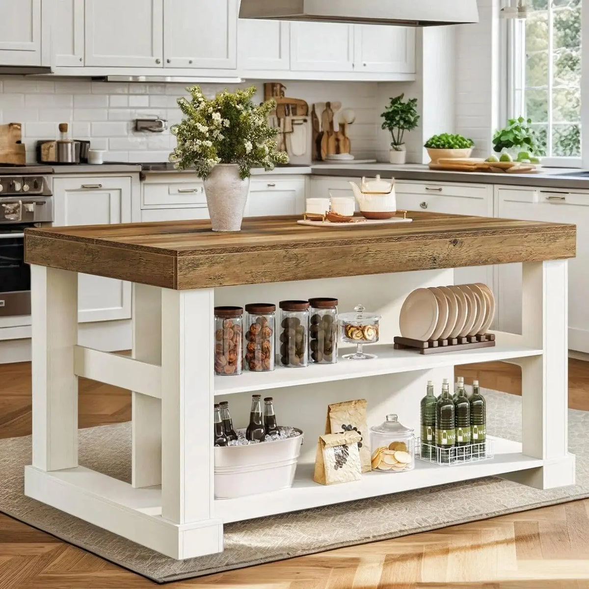 Kitchen Island Table With Large Countertop And 3 Tier Storage