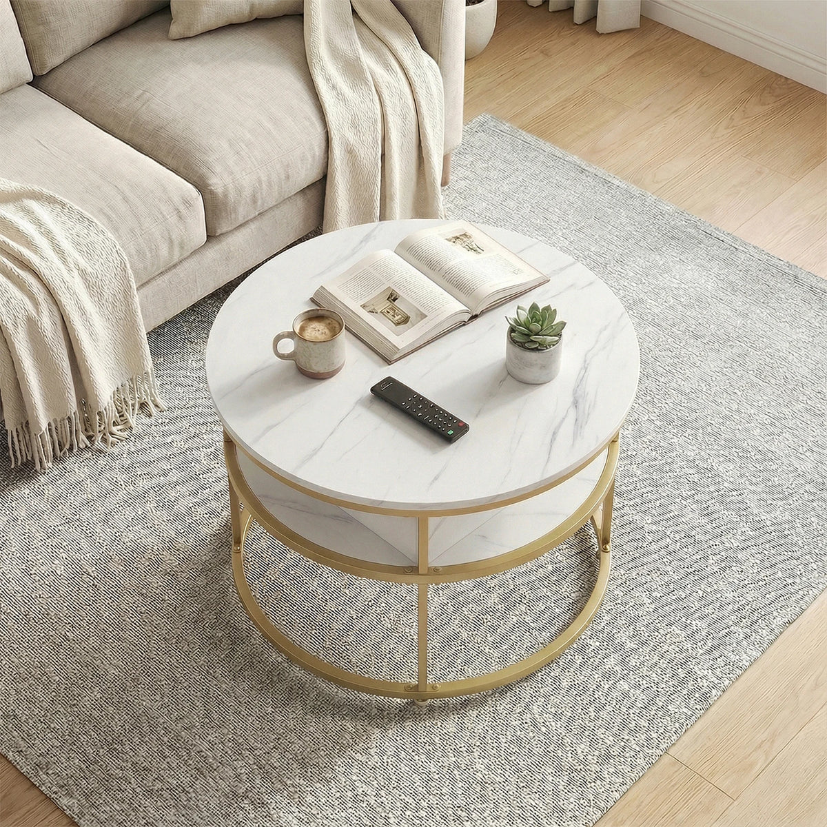 31. 5” Lift Top Coffee Table w/ Hidden Compartment & Side Shelves for Living Room