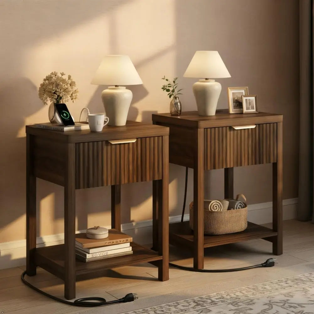 LISM Fluted Wood Nightstand With Charging Station And Storage Drawer