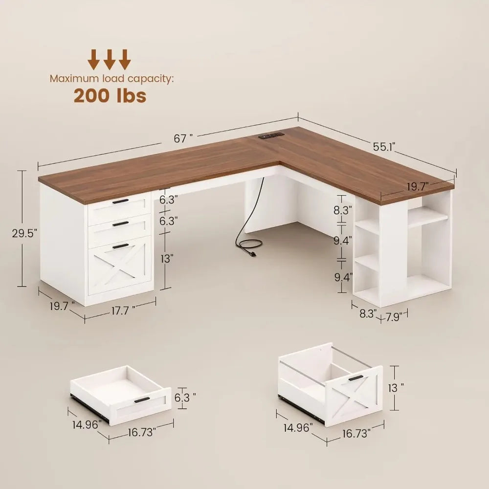 Farmhouse L Shaped Desk With Drawers And Storage Shelves
