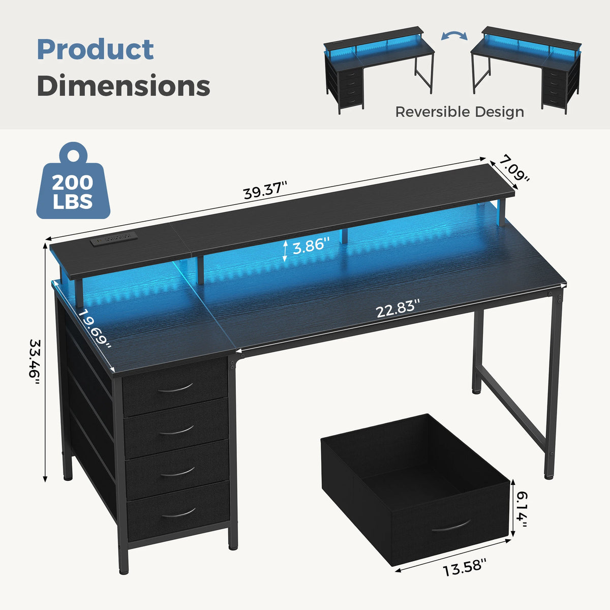 JHK Gaming Desk With Drawers Power Outlets And LED Lighting