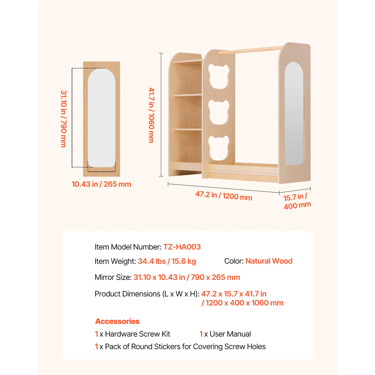 Kids Wooden Dress Up Wardrobe With Mirror And Storage for Bedroom