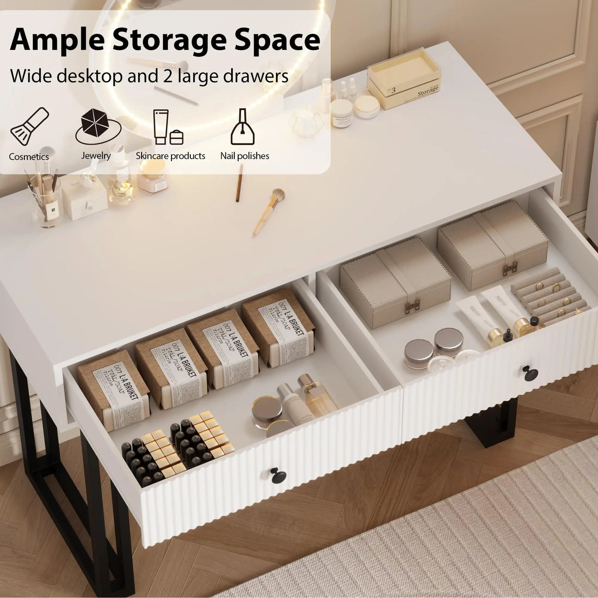 Vanity Desk with Mirror and Lights, Small Makeup Vanity with 2 Drawers, Modern Vanity Organizer with 3 Color Lights&Adjustable Brightness, Dressing Table for Bedroom