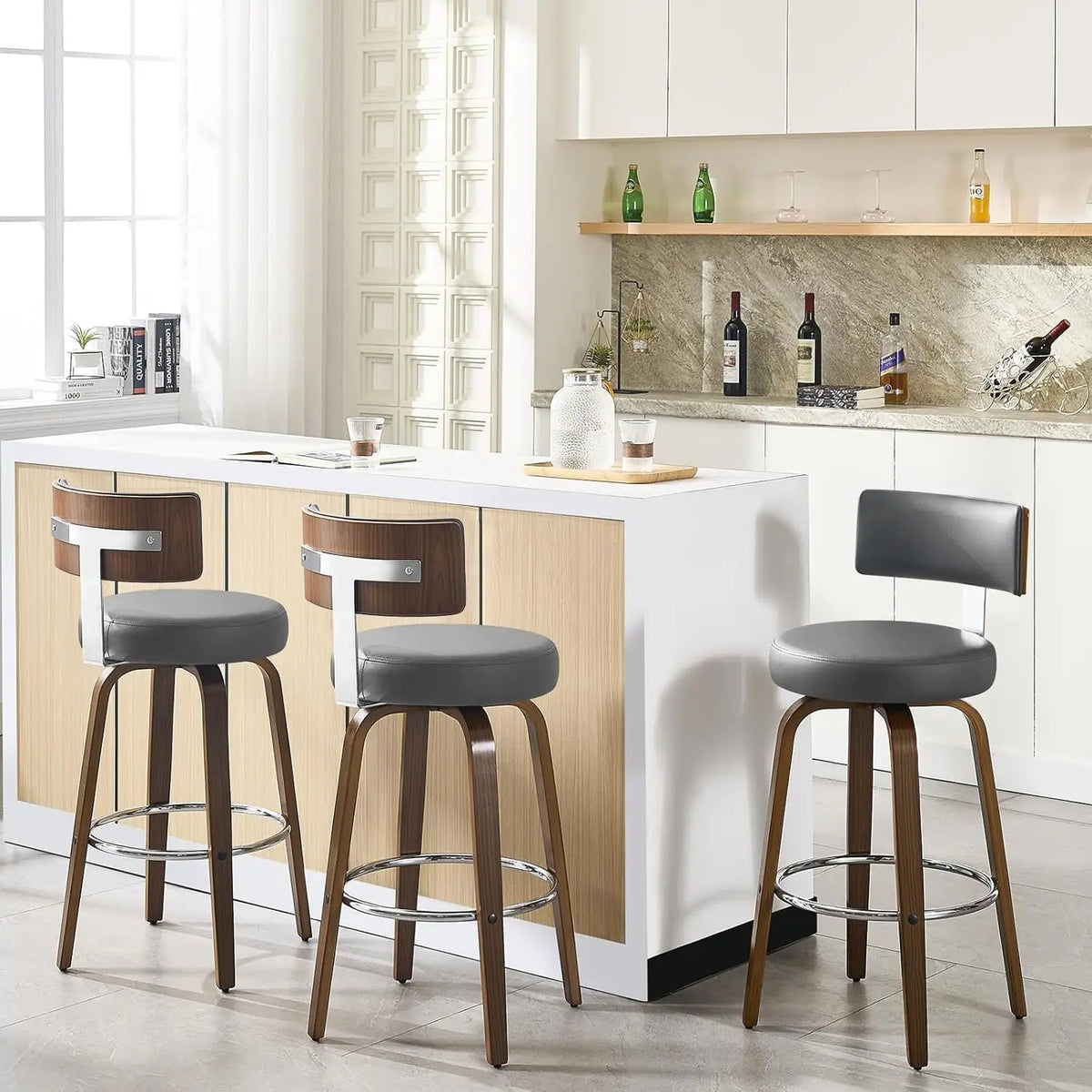 Swivel Counter Stools Set 3 Faux Leather Kitchen Barstool with Back Walnut Wood Legs 26" Seat White, Custom