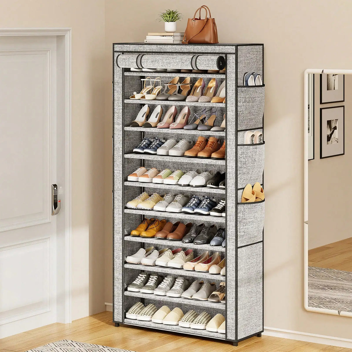10-Tier Shoe Rack Organizer, 50+ Pairs Tall Dustproof Shoe Storage Cabinet, Multi-Functional Standing Shelf for Entryway Closet Dormitory, Easy Assembly Space Saver Black/Grey