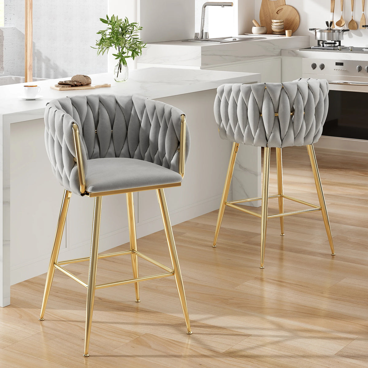 Farini Set of 2 26" Bar Stools, Modern Mid-Century Kitchen Stools with Back, Metal Legs, for Kitchen, Dining Room