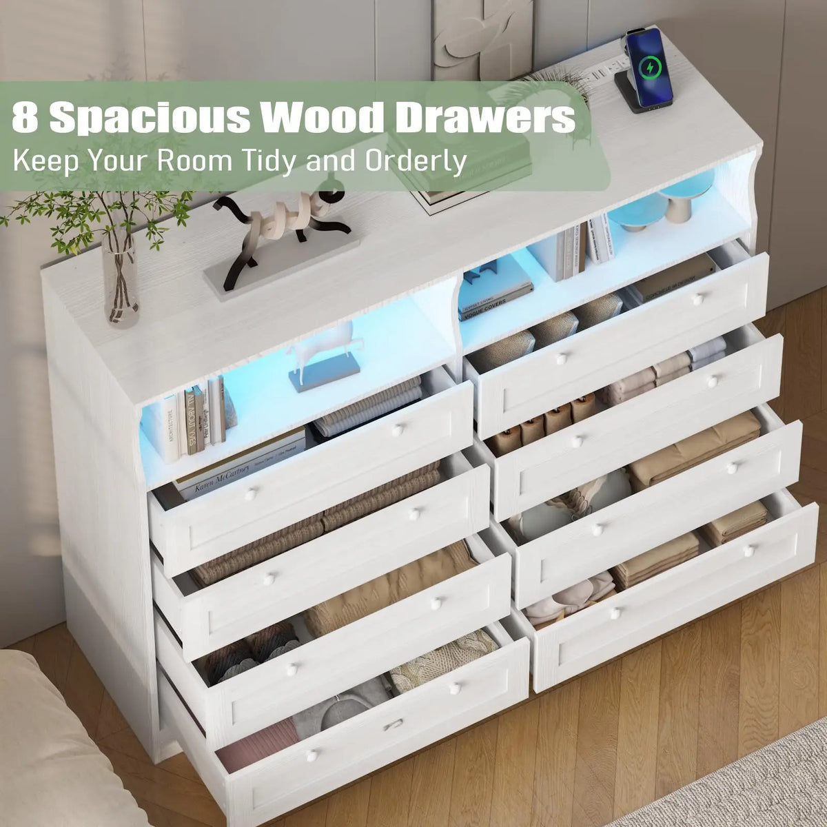 8 Drawer White Wood Dresser With LED Lights, Charging Station & Open Shelves, TV Stand For Bedroom, Living Room, Entryway