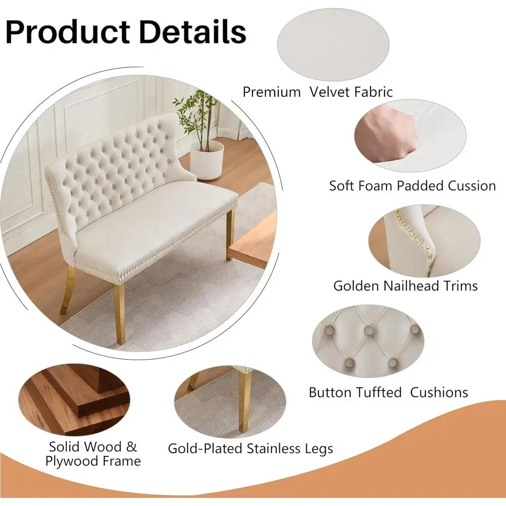 Button-Tufted Upholstered Dining Bench with Backrest for Small Spaces and Kitchen Nook (Beige)