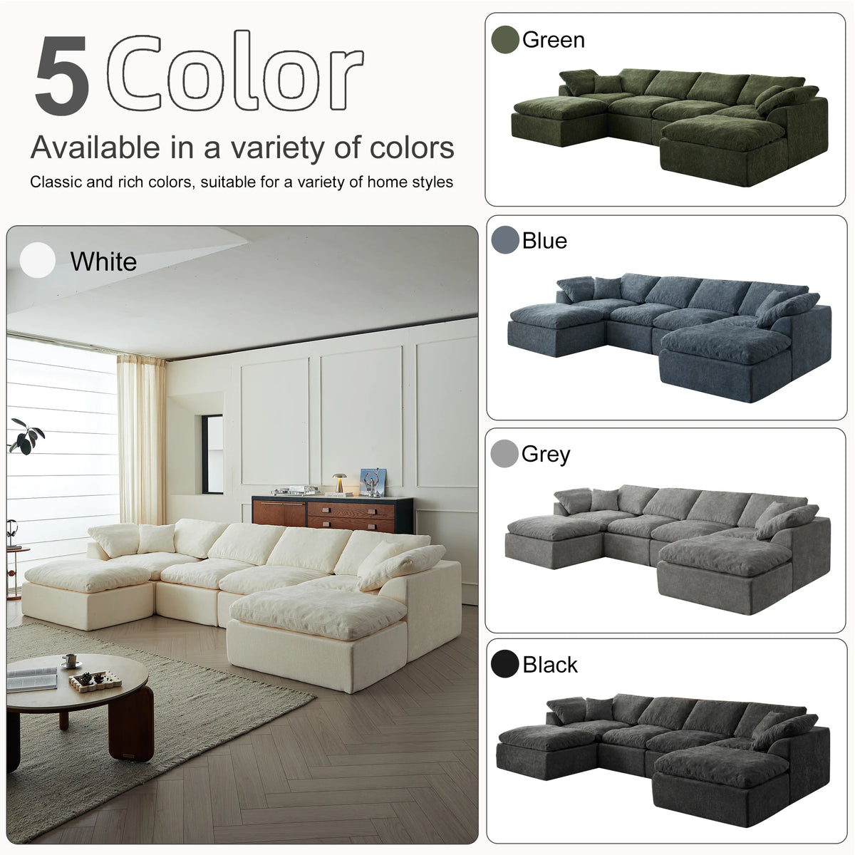 Yeflixvrau Modern U Shaped Cloud Sectional Sofa With Removable Cushions