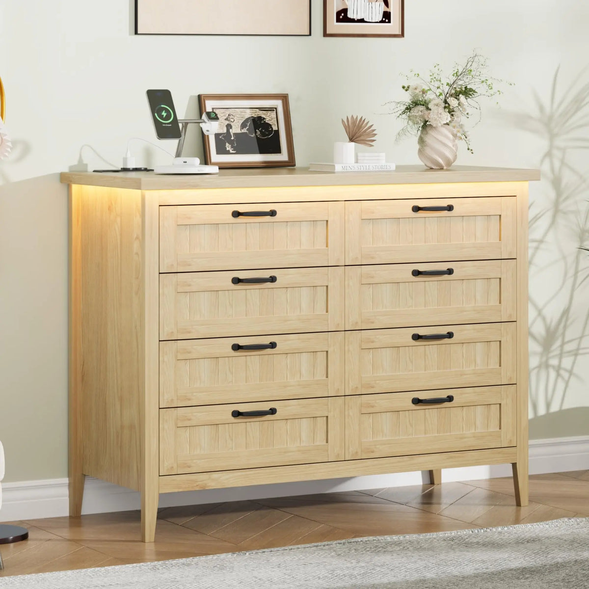 GarveeLife Modern Wooden Dresser With LED Lights And Power Outlet
