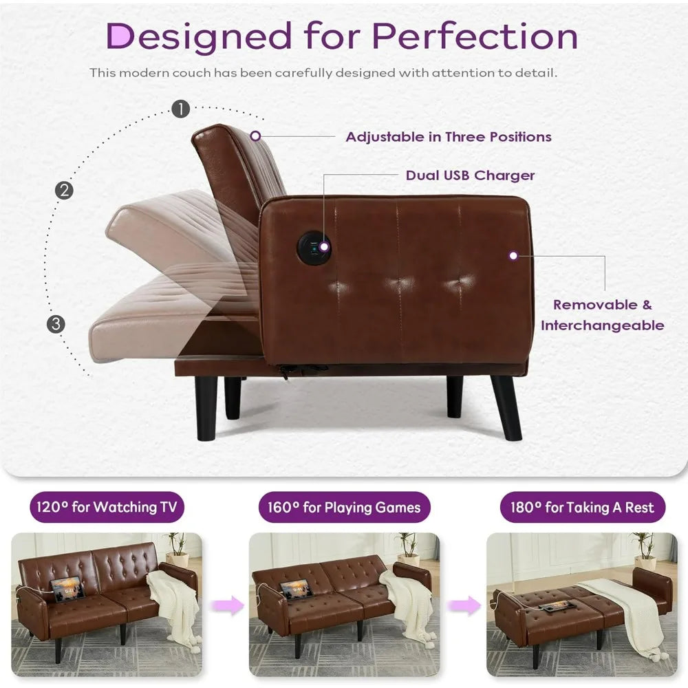 Tyboatle Convertible Faux Leather Futon Sofa Bed With USB Ports