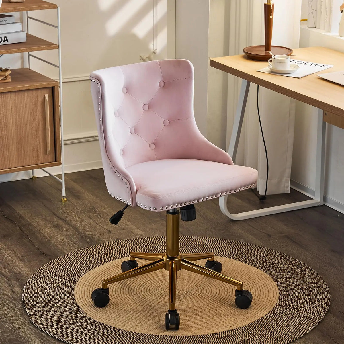 VINGLI Small Cute Green Velvet Office Desk Chair Gold Base Adjustable Swivel Armless Makeup Vanity Chair For Women Girls
