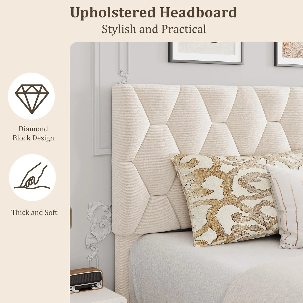 GAOMON Upholstered Platform Bed with Padded Headboard and Slat Support