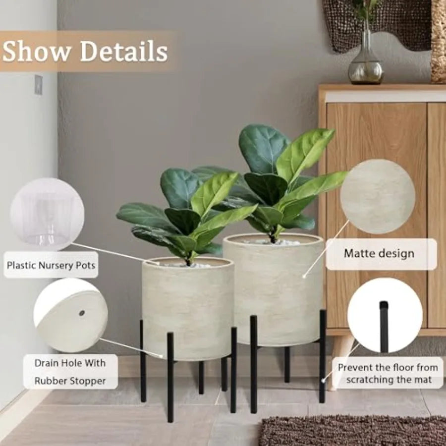 Modern Plant Pots, Set of 2 Large Metal Planters with Stand for Living Room, Office, Garden or Balcony, 8.25 10.5 Inch, Black,