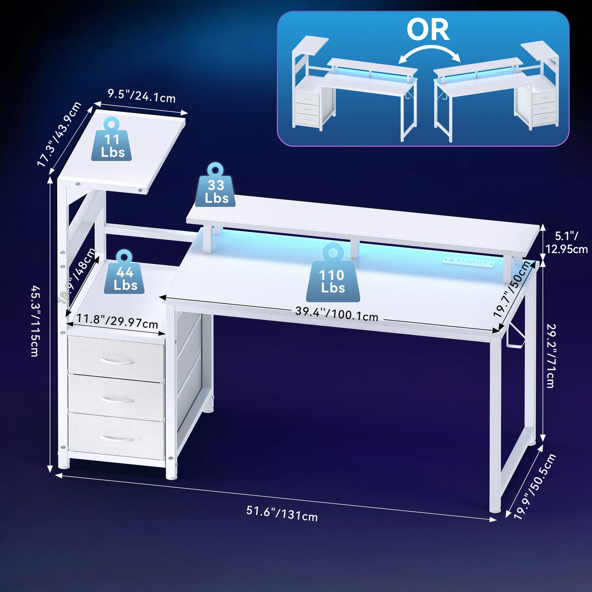 JHK Gaming Desk With Drawers LED Lights And Power Outlets