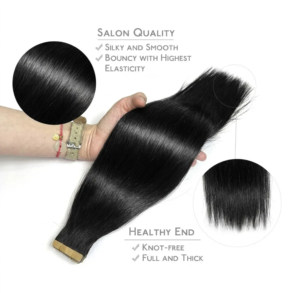 100% Human Hair Tape In Extensions 20 Inch Invisible Seamless PU Skin Weft No Weft Raw Hair Extensions Natural Black Color Adhesive Tape Ins Hair Extension For Women