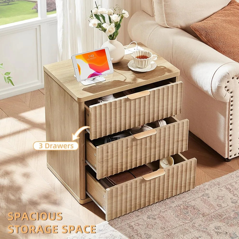 Natural Three Drawer Nightstand With Charging Station And Metal Handle