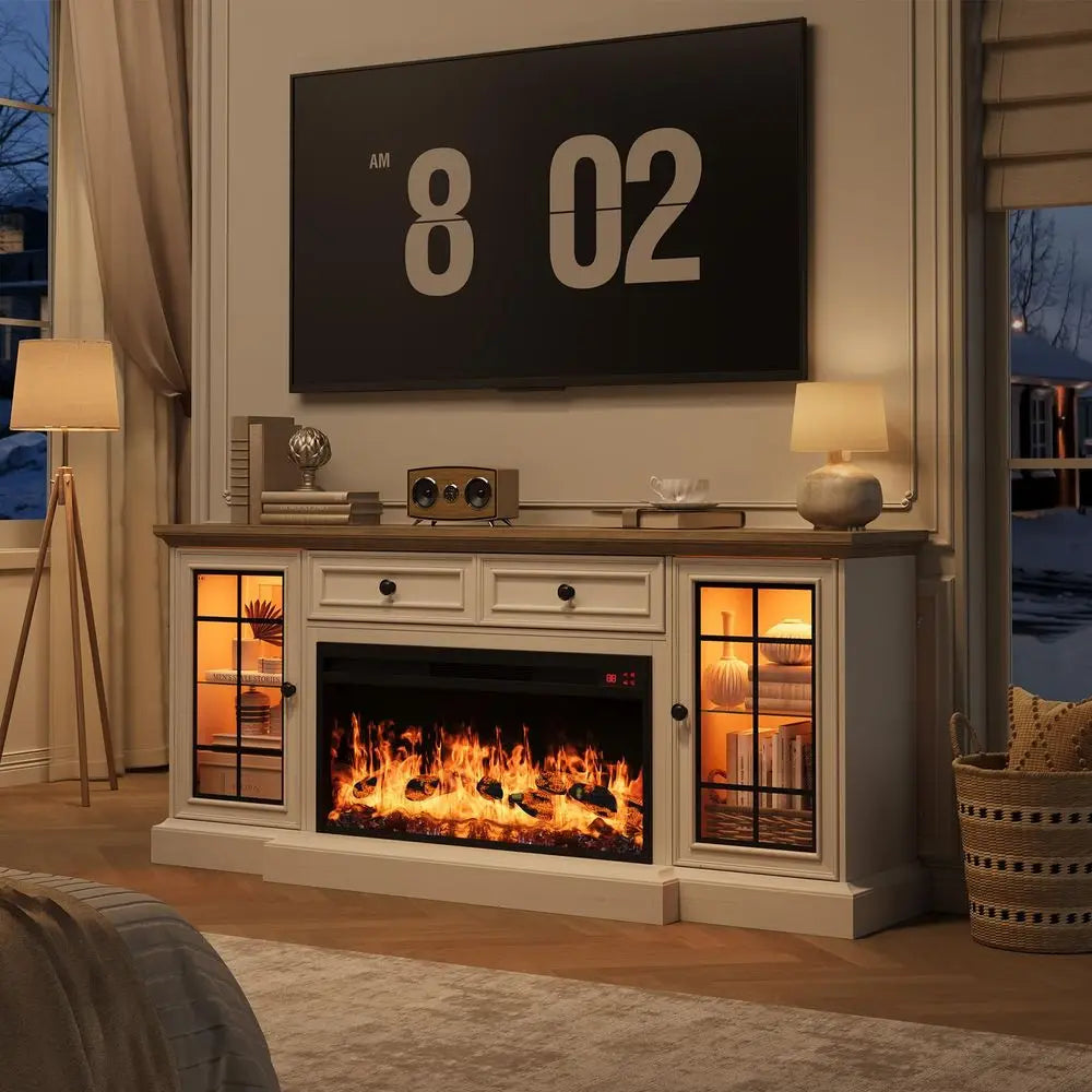 XMSJ Farmhouse TV Stand With Electric Fireplace And LED Lights
