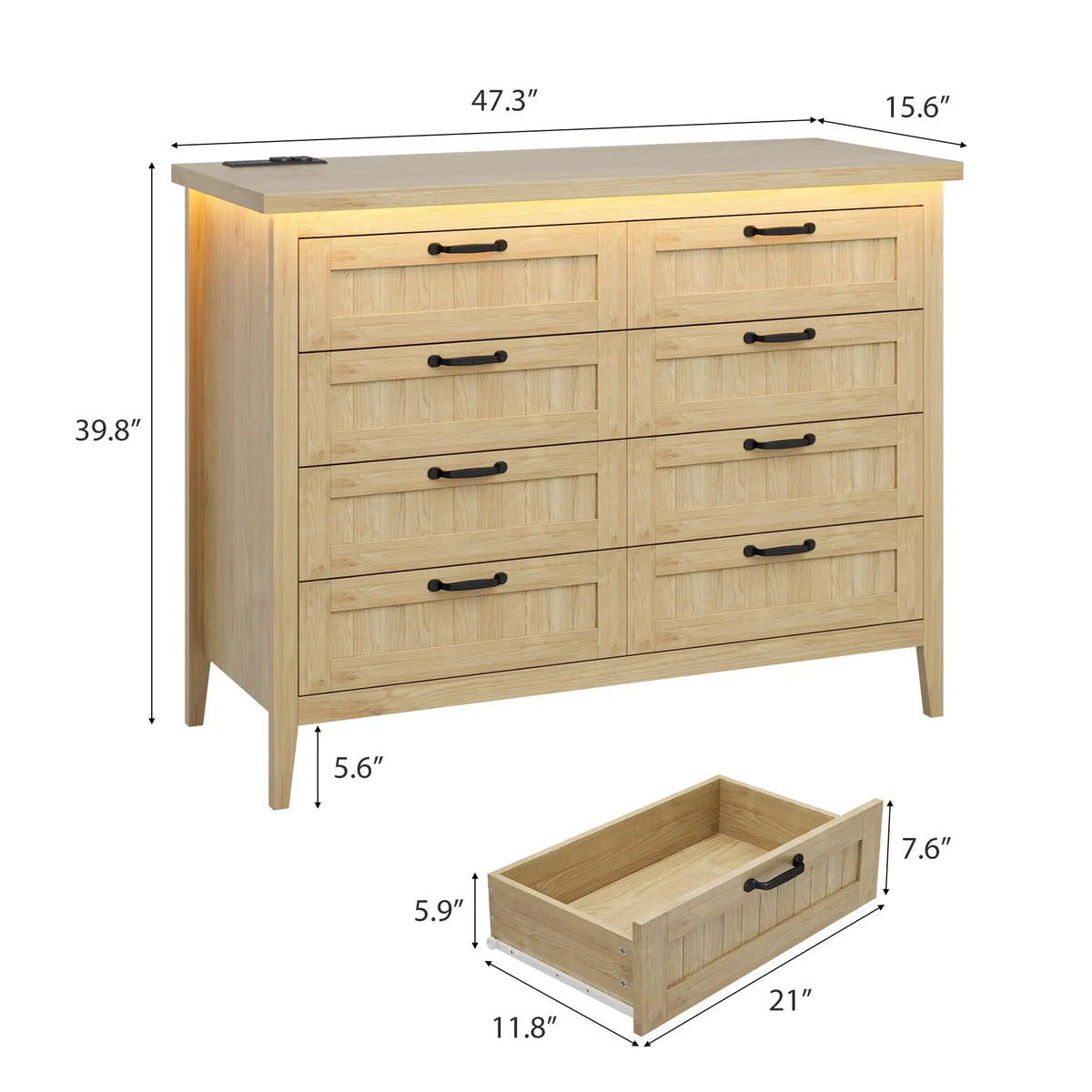GarveeLife Modern Wooden Dresser With LED Lights And Power Outlet