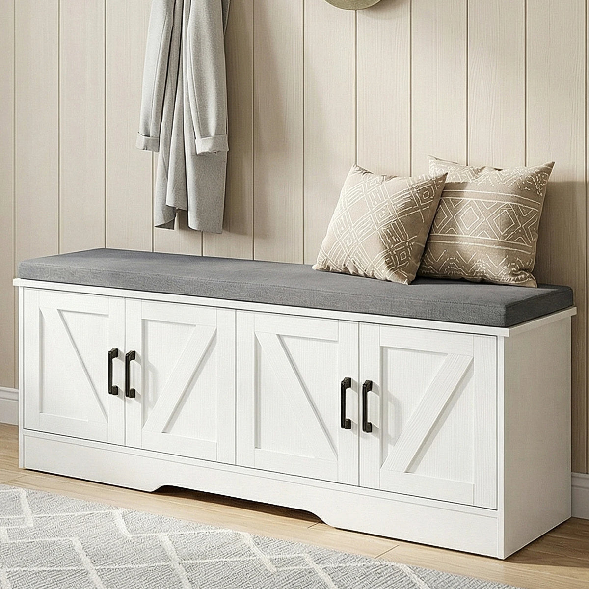 JHK Storage Bench Shoe Organizer Cabinet With 2 Doors Padded Seat Cushion