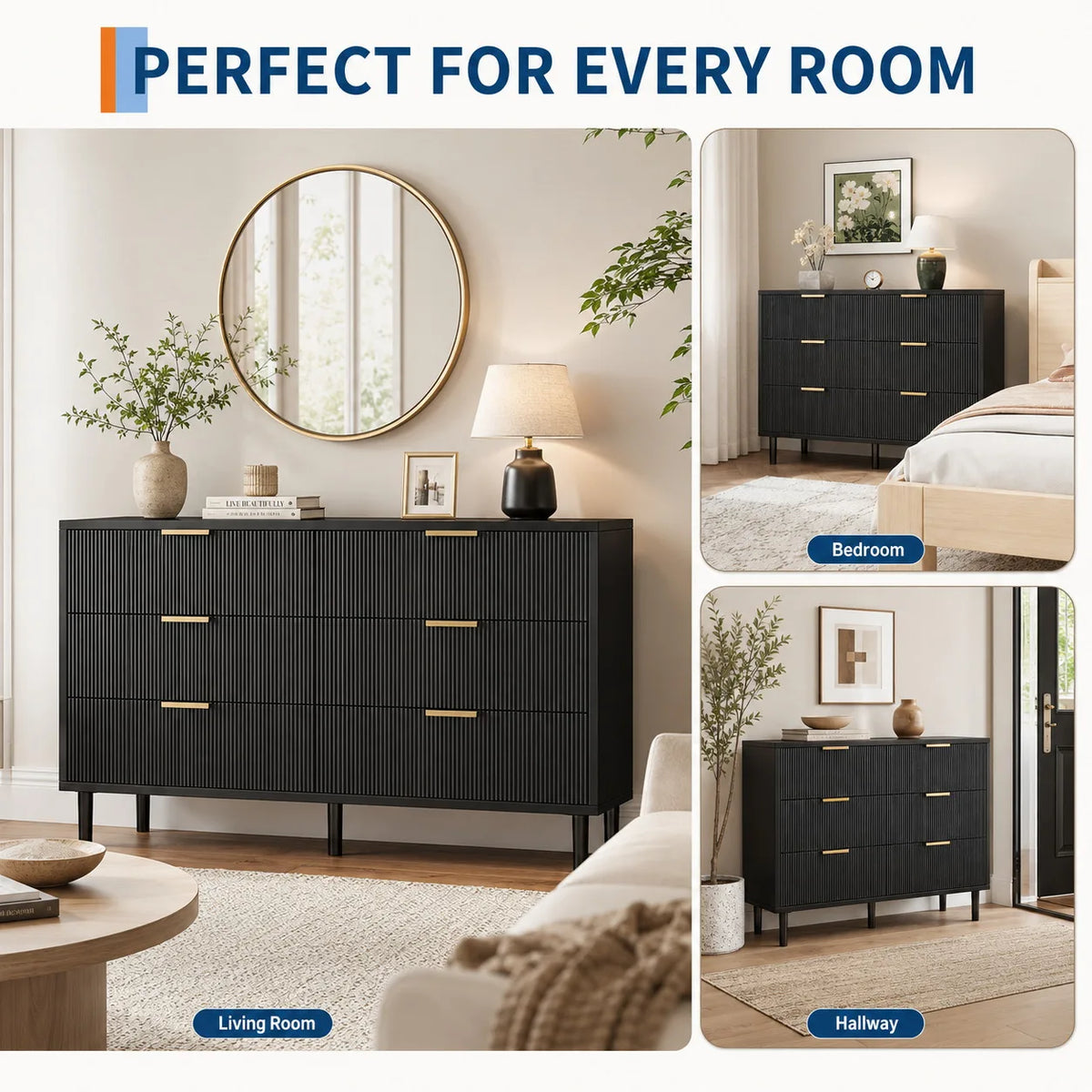 Fluted 6 Drawer Dresser with Metal Legs Wide Storage Cabinet Wood Chest of Drawers Anti Tipping Design Bedroom Living Room Hallway Organizer