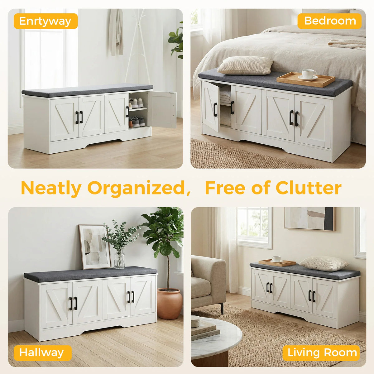 JHK Storage Bench Shoe Organizer Cabinet With 2 Doors Padded Seat Cushion