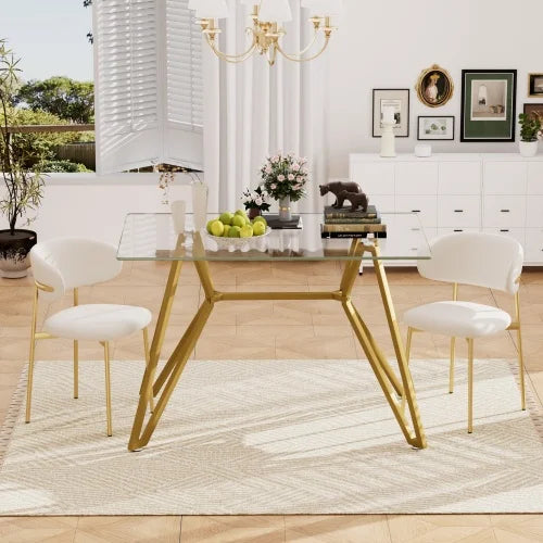 Rectangular Glass Dining Table - 47.3"W Gold Metal Legs, Modern, Seats 1-6, Versatile for Dining Room Office