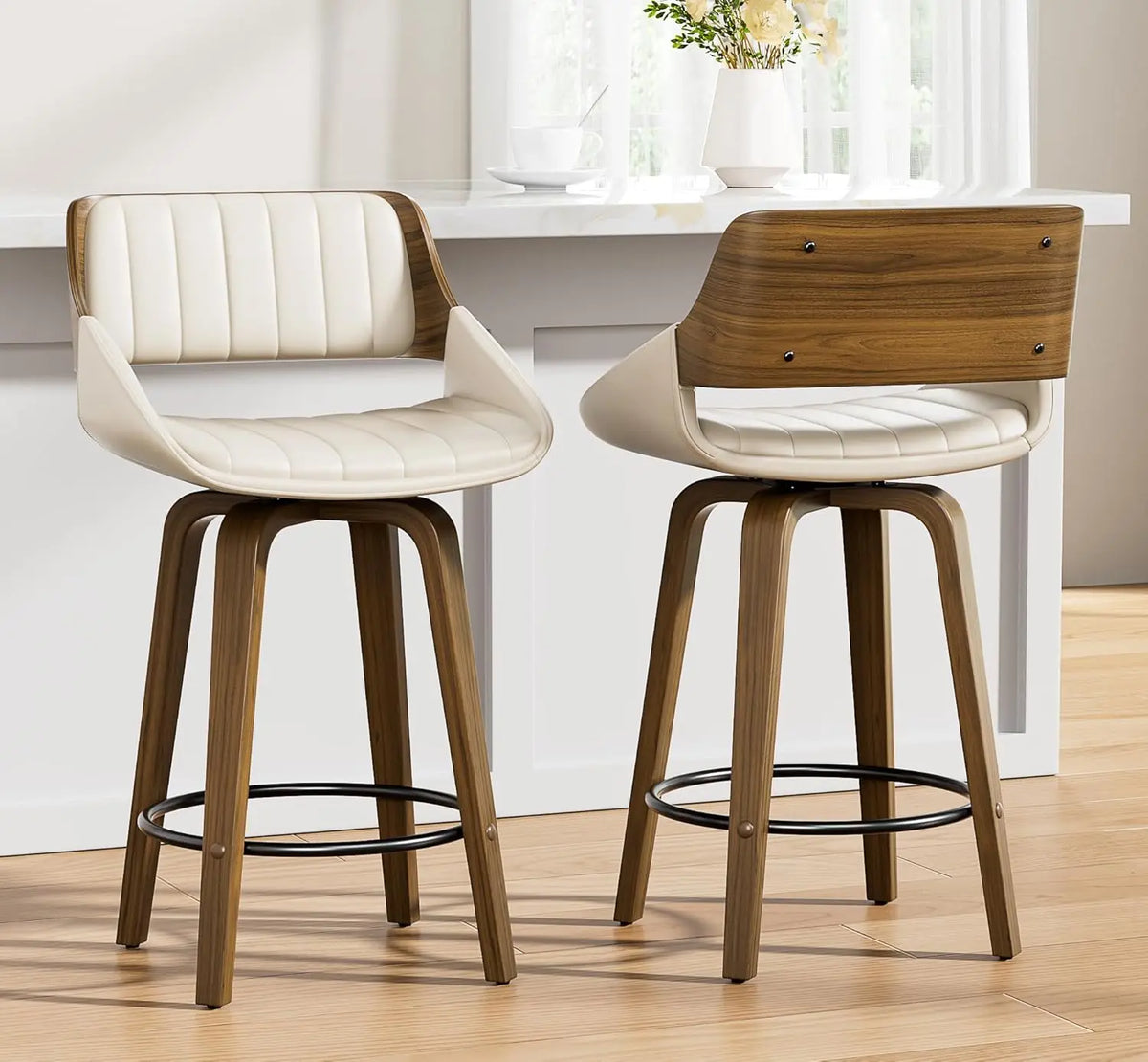 Set of 2 Mid-Century Modern 26 Inch Swivel Bar Stools, Counter Height Stools with Bentwood Back & Legs, Customized