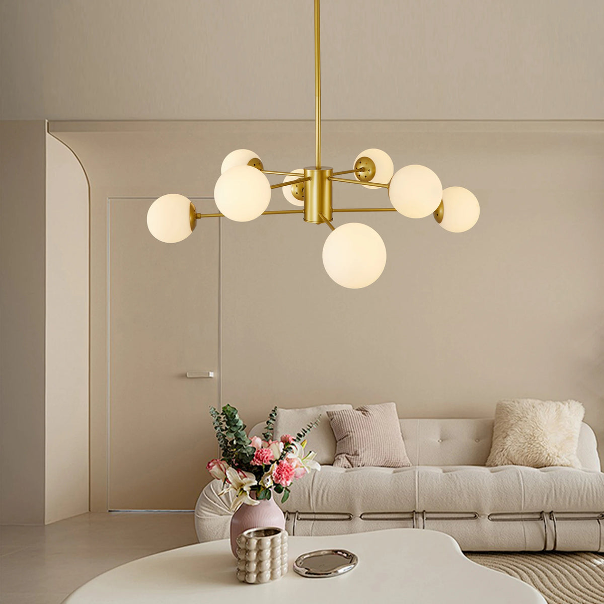 Longree Modern 8 Light Gold Chandelier With White Glass Globes