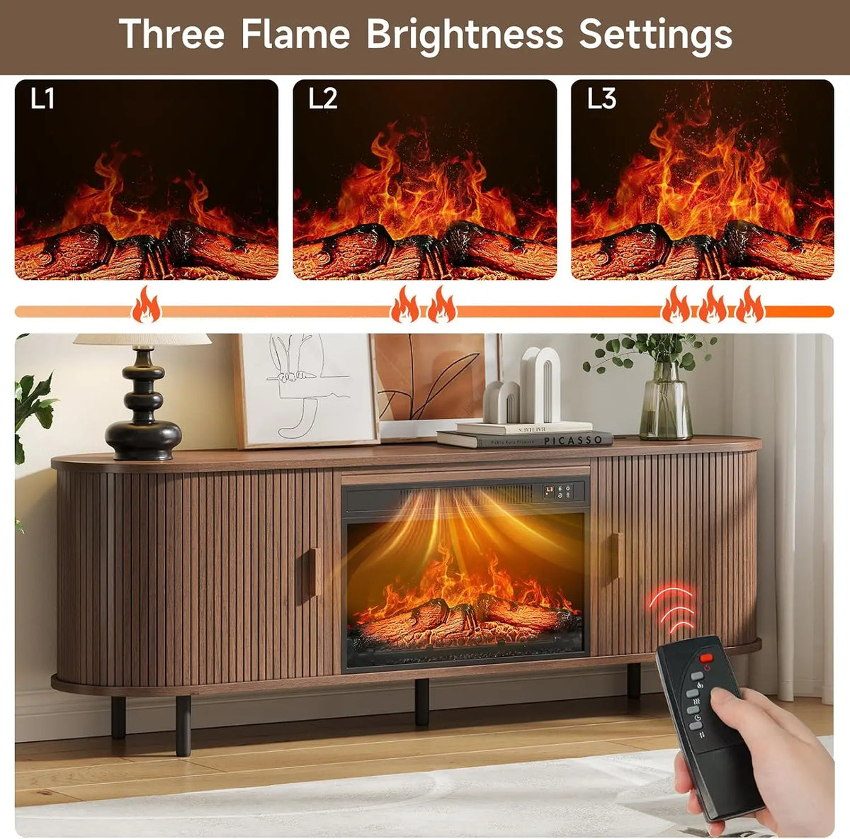 ONBRILL Fluted Electric Fireplace TV Stand With Sliding Doors