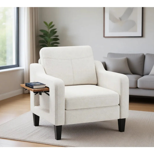 Linen Armchair With Foldable Side Table And Pockets