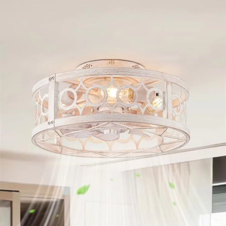 Caged Ceilg Fan with Light and Remote, Small Low Profile Ceilg Fans with Lights, 6 Speed and Reversible Farmhouse Flush Mount C