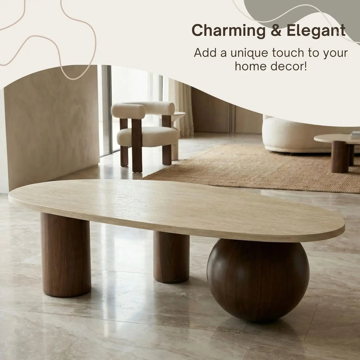 Marble Look Coffee Table With Walnut Wood Legs Laminate
