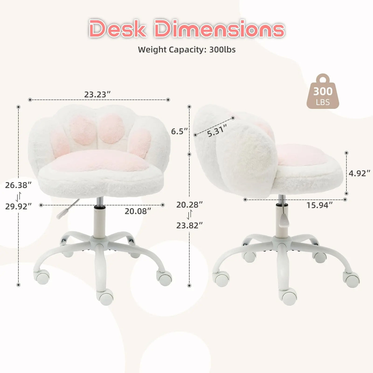 Cute Vanity Chair With Wheels, Armless Teddy Desk Chair With Paw Back, Height Adjustable Swivel Chair For Small Space Bedroom