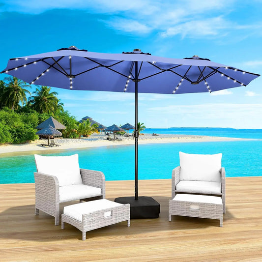 15FT Large Patio Patio Umbrella with Base & Solar LED Lights - Double-Sided, Customized