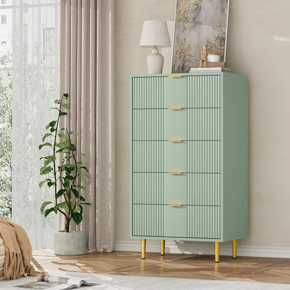GAOMON Modern Fluted Five Drawer Dresser Chest With Vertical Storage