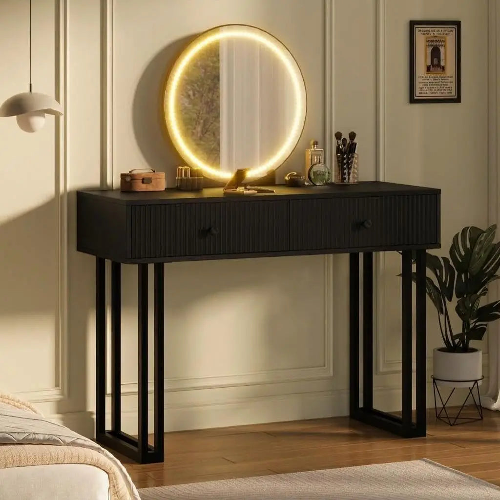 Vanity Desk with Mirror and Lights, Small Makeup Vanity with 2 Drawers, Modern Vanity Organizer with 3 Color Lights&Adjustable Brightness, Dressing Table for Bedroom