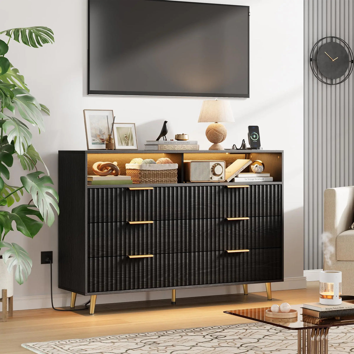 GAOMON Fluted Dresser With LED Lights Charging Station And Storage