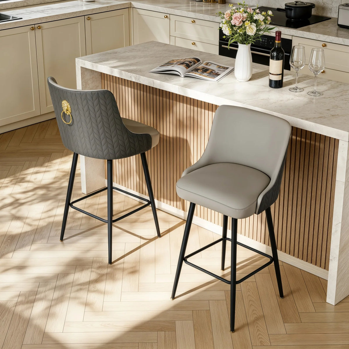 Swivel Bar Stool With Leather Upholstery High Back And Footrest