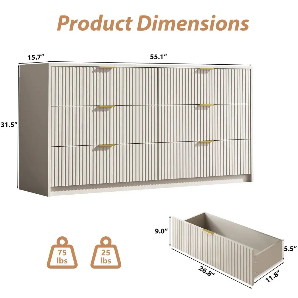 XMSJ Modern Fluted Six Drawer Dresser For Bedroom Storage